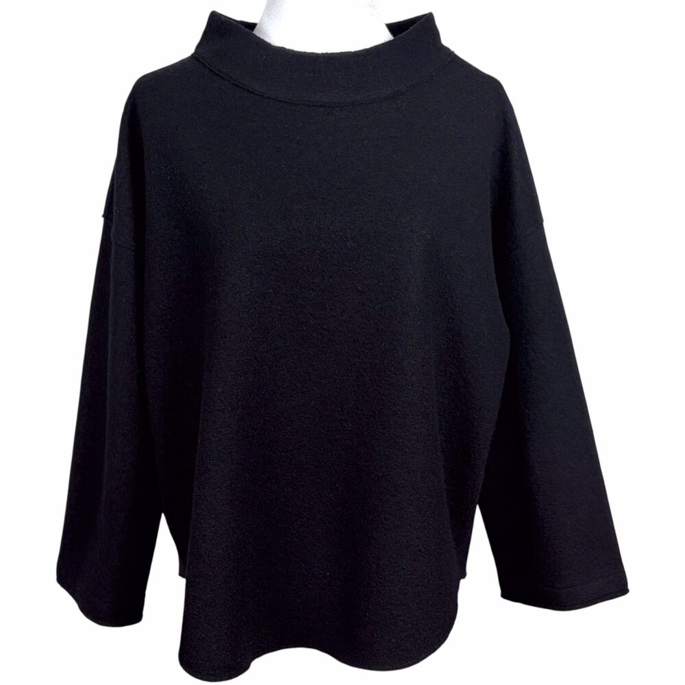 NWT Eileen Fisher Lightweight Boiled Wool Funnel Neck Top Black Size Medium - Picture 8 of 16
